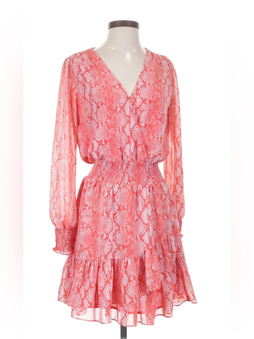 Michael Kors Coral Snakeskin Animal Print Lined Long Sleeve Midi Dress